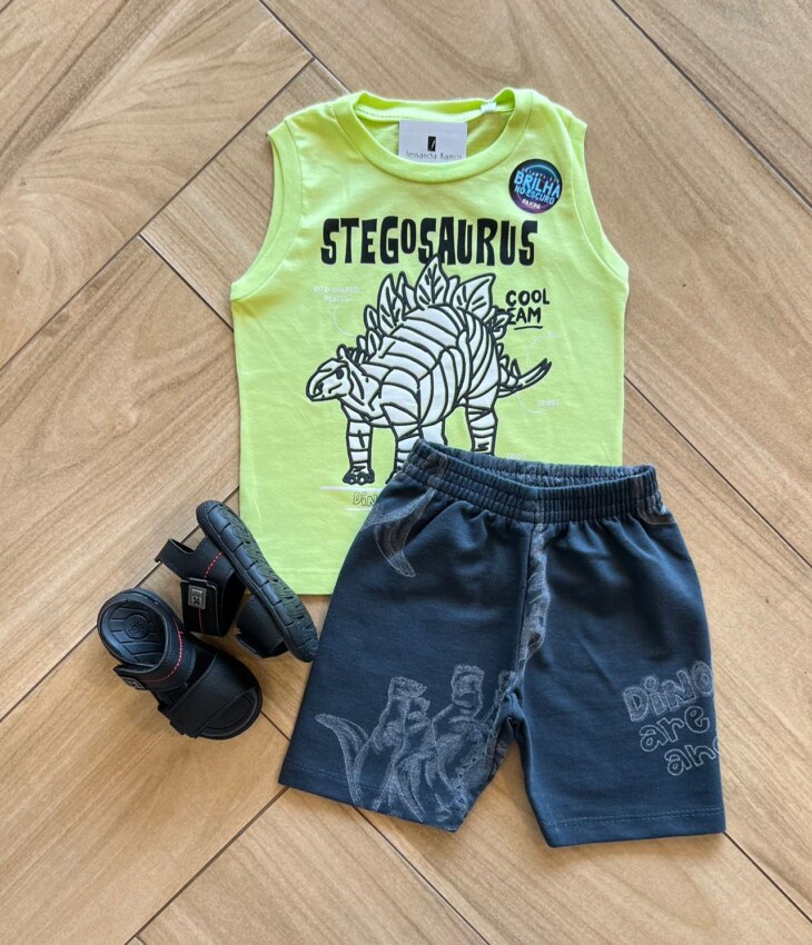 Conjunto Infantil Masculino Regata Stegosaurus e Bermuda Cinza Fernanda Ramos Kids
