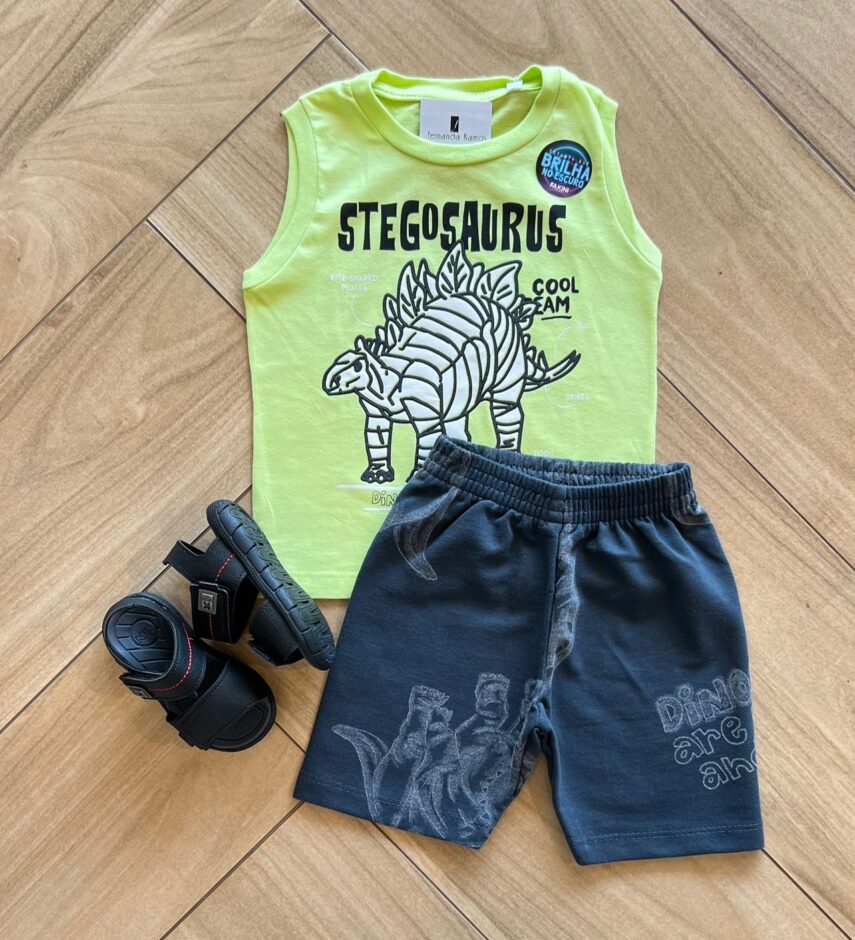 Conjunto Infantil Masculino Regata Stegosaurus e Bermuda Cinza Fernanda Ramos Kids