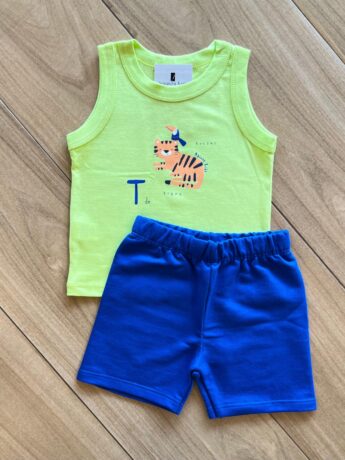 Infantil Masculino Regata Tigre e Bermuda Azul Fernanda Ramos Kids