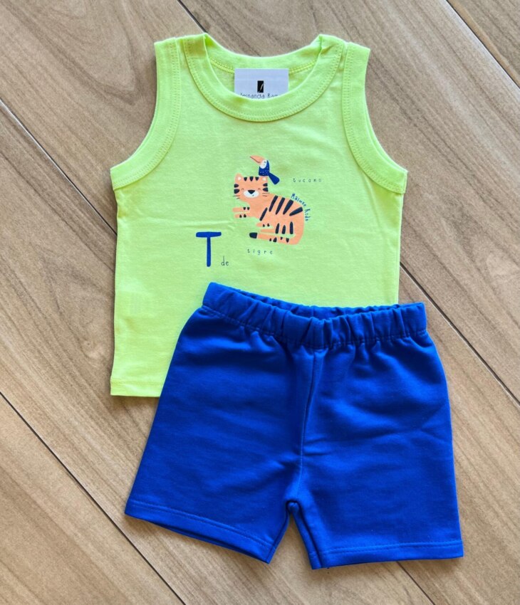 Infantil Masculino Regata Tigre e Bermuda Azul Fernanda Ramos Kids