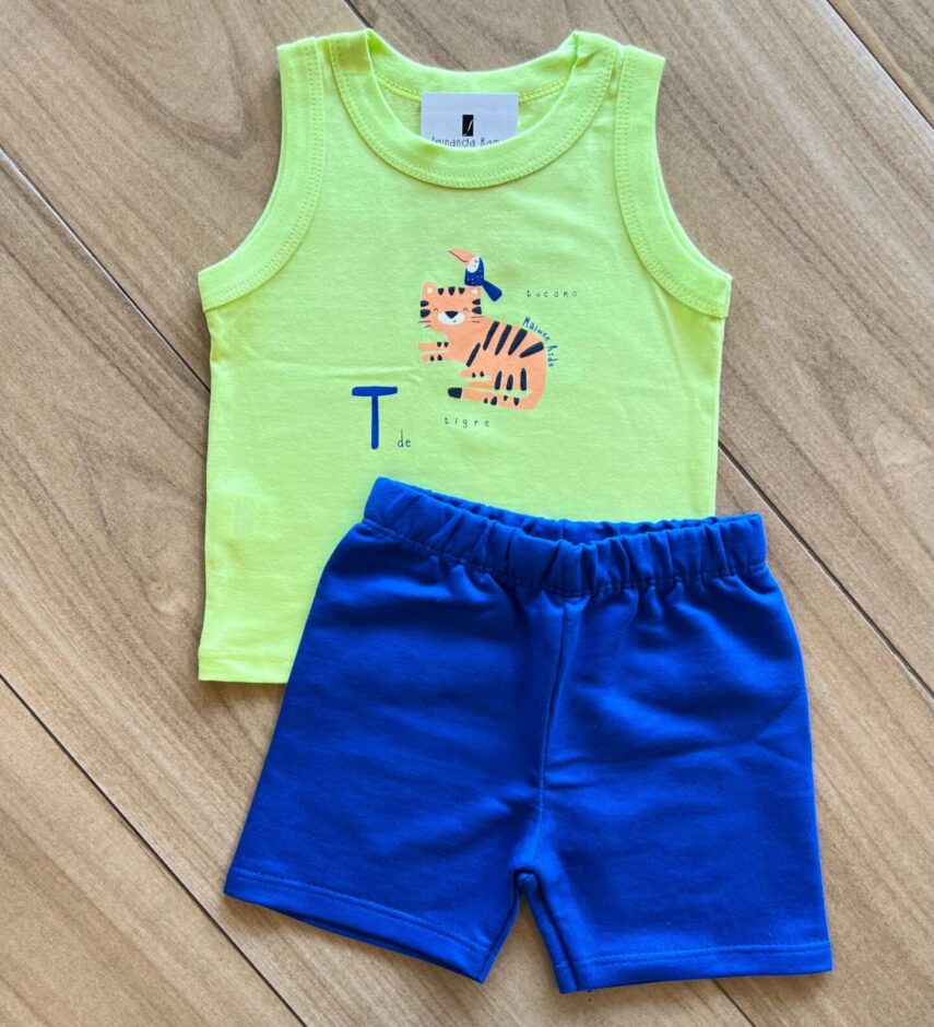Infantil Masculino Regata Tigre e Bermuda Azul Fernanda Ramos Kids