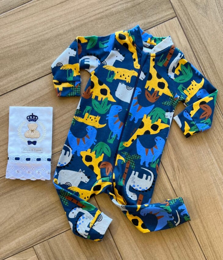 Macacão Infantil Masculino Manga Longa Estampado com Zíper Azul