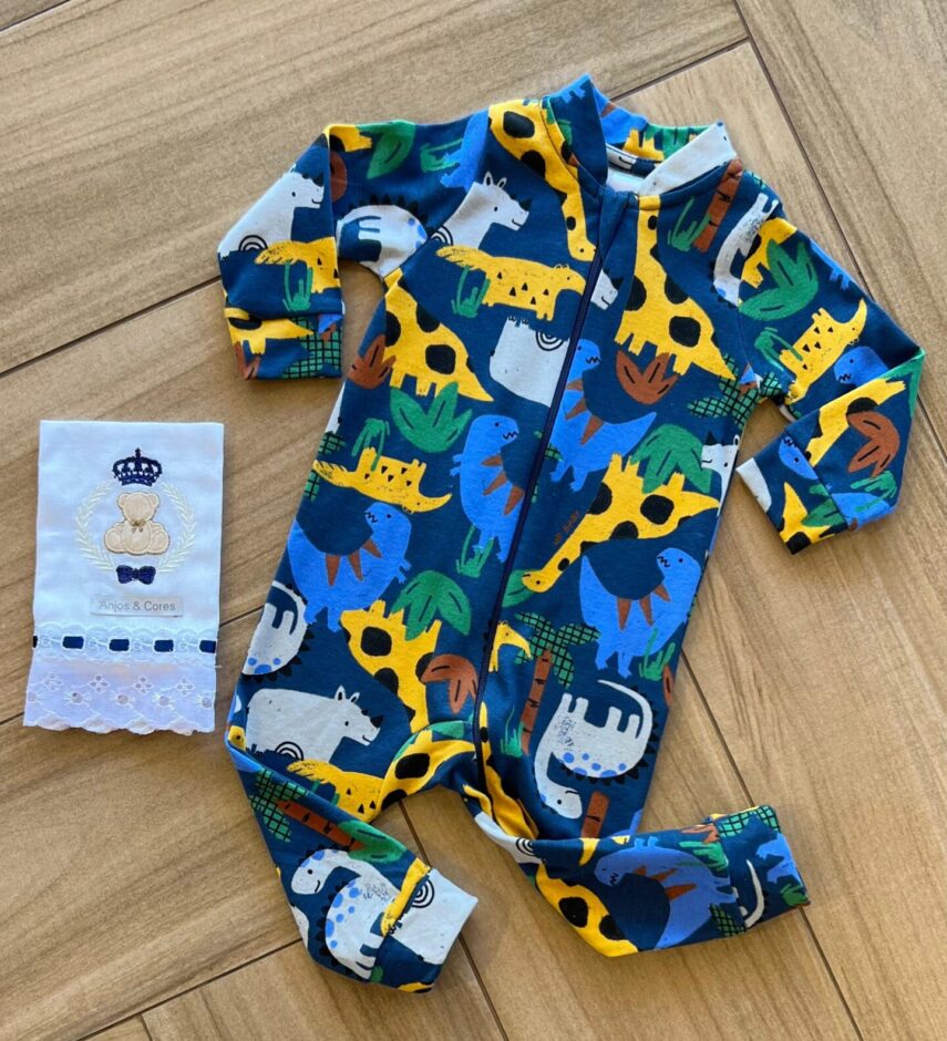 Macacão Infantil Masculino Manga Longa Estampado com Zíper Azul