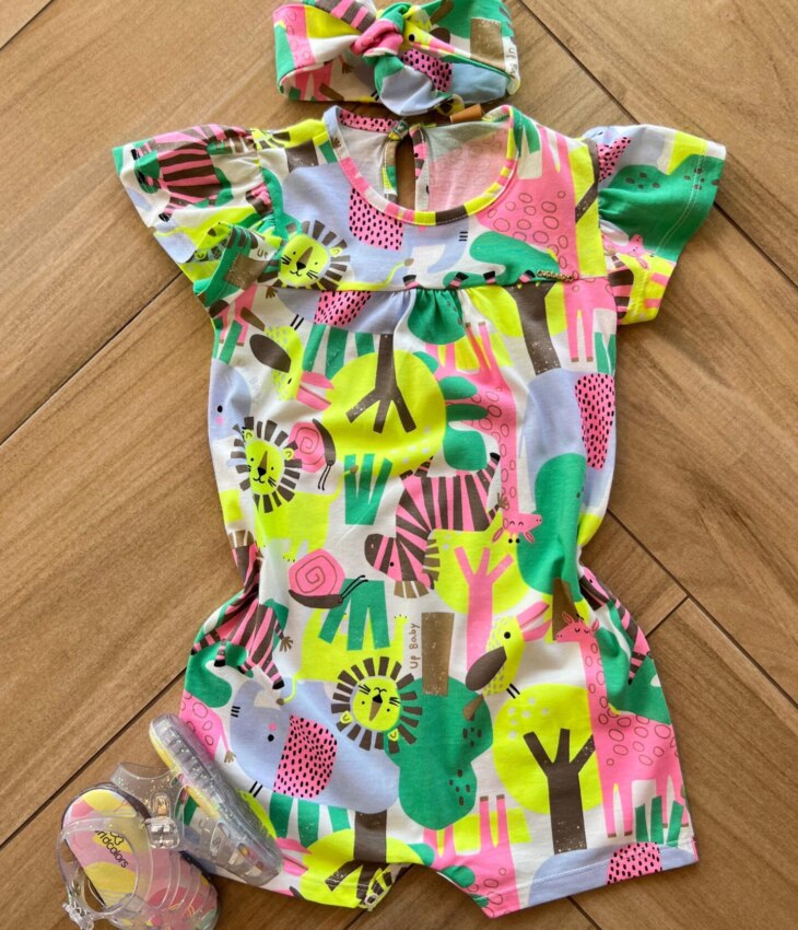 Macaquinho Infantil Feminino Meia Malha com Faixa Estampado Fernanda Ramos Kids