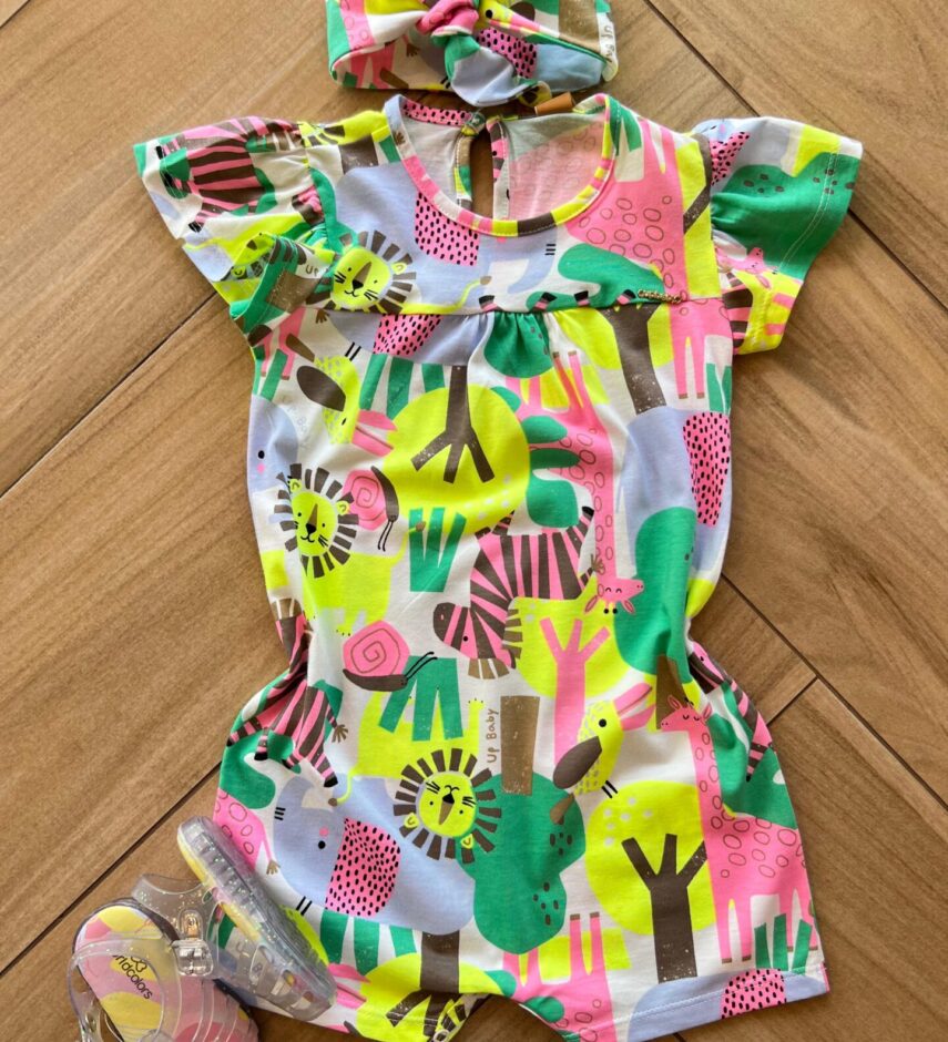 Macaquinho Infantil Feminino Meia Malha com Faixa Estampado Fernanda Ramos Kids