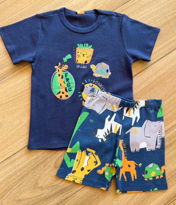 Pijama Infantil Masculino Camiseta e Bermuda Estampada Bichinho Fernanda Ramos Kids