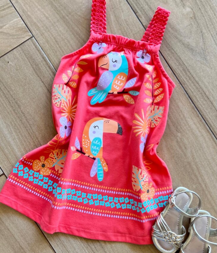 fernandaramoskids com br Vestido Infantil Feminino Alça Trabalhada Tucano 1