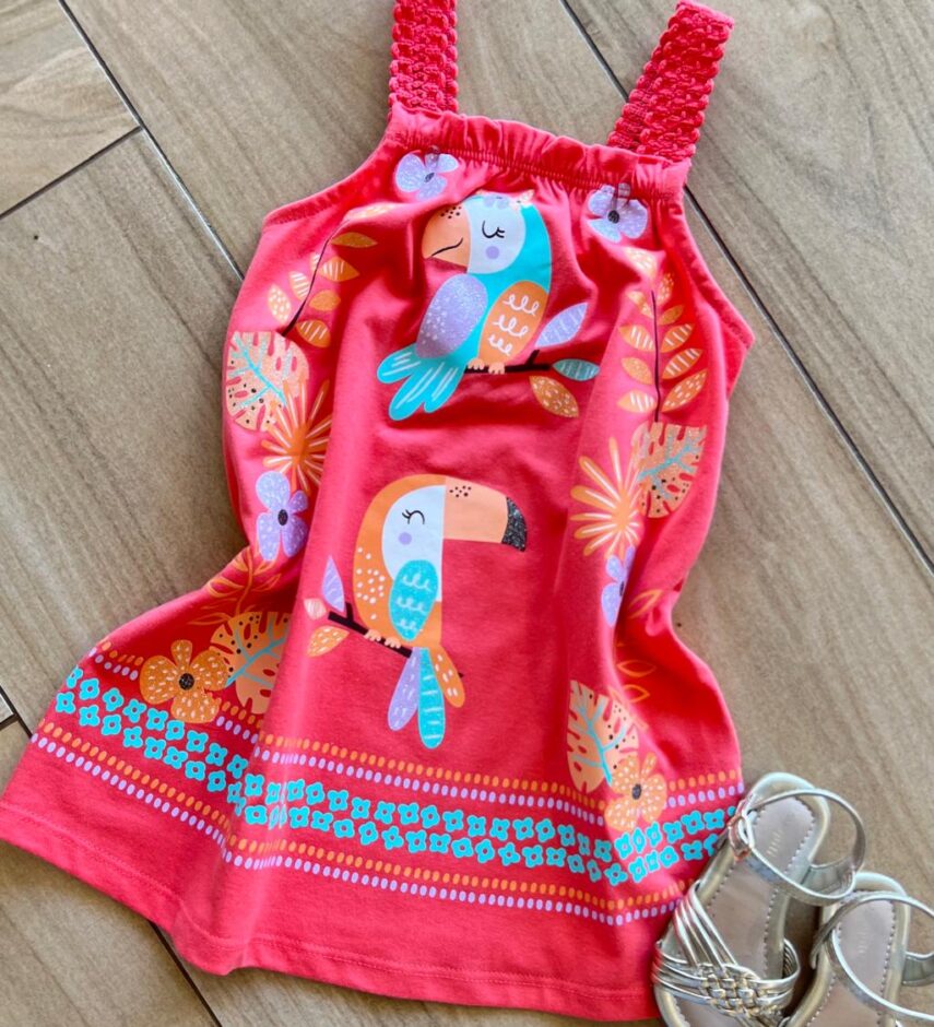 fernandaramoskids com br Vestido Infantil Feminino Alça Trabalhada Tucano 1