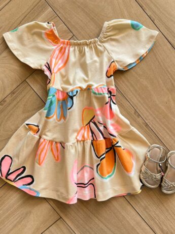 Vestido Infantil Feminino Bege Estampa Flor Fernanda Ramos Kids