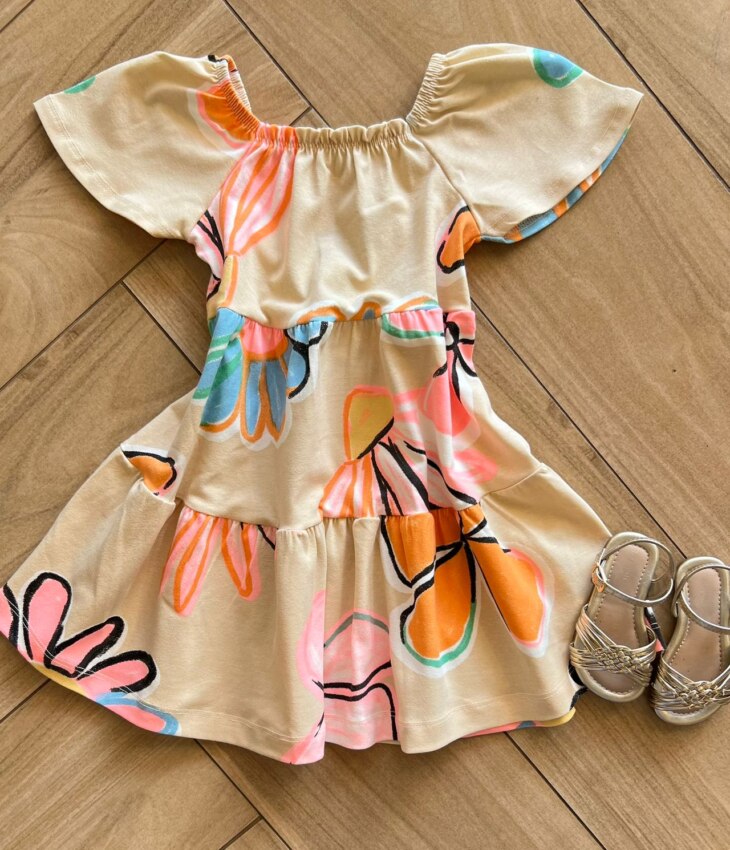 Vestido Infantil Feminino Bege Estampa Flor Fernanda Ramos Kids