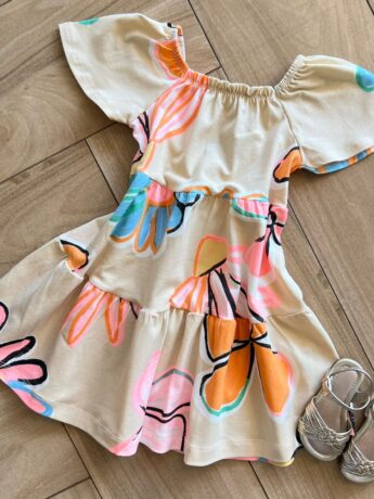 fernandaramoskids com br Vestido Infantil Feminino Bege Estampa Flor 1