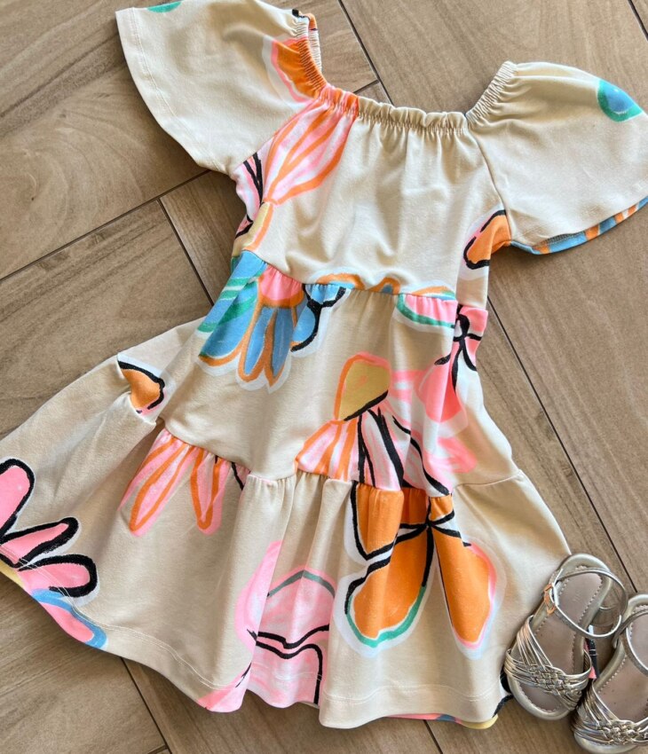 fernandaramoskids com br Vestido Infantil Feminino Bege Estampa Flor 1