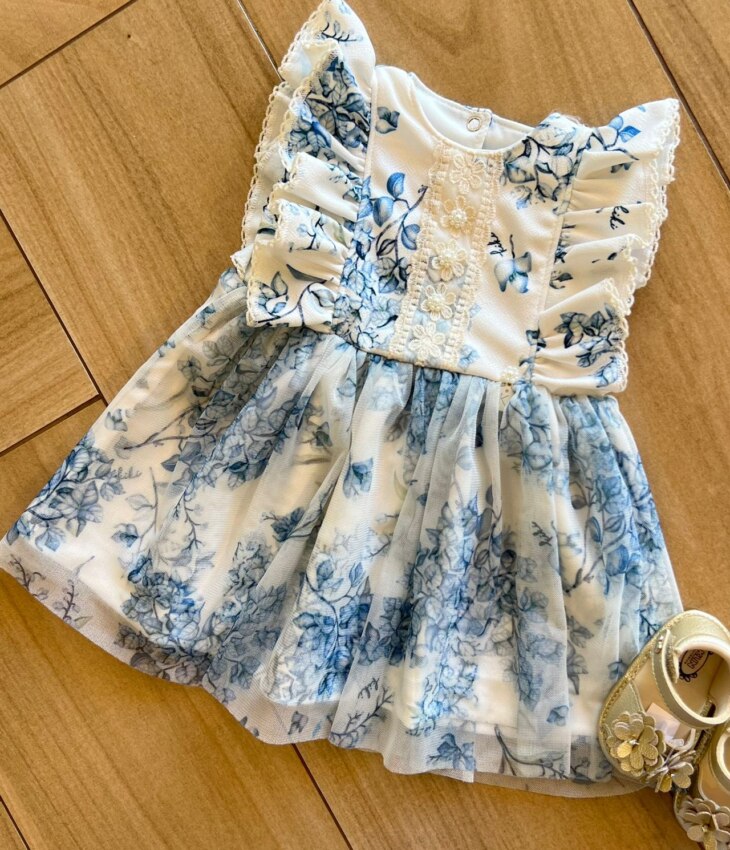 fernandaramoskids com br Vestido Infantil Feminino Branco Estampa Flor Azul 1