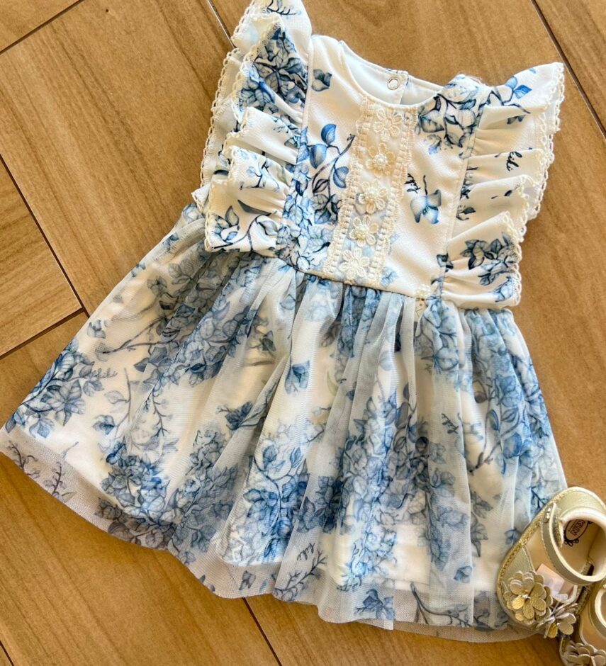fernandaramoskids com br Vestido Infantil Feminino Branco Estampa Flor Azul 1