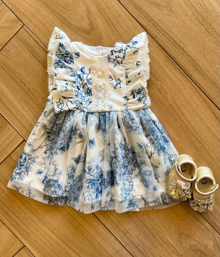 Vestido Infantil Feminino Branco Estampa Flor Azul Fernanda Ramos Kids