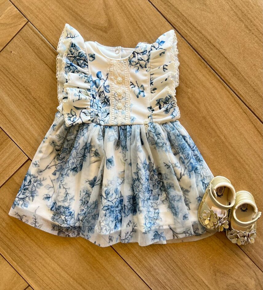 Vestido Infantil Feminino Branco Estampa Flor Azul Fernanda Ramos Kids