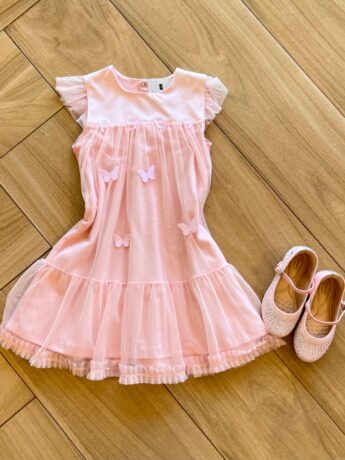Vestido Infantil Feminino Cetim com Detalhe em Tule com Aplicação Fernanda Ramos Kids