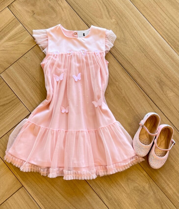 Vestido Infantil Feminino Cetim com Detalhe em Tule com Aplicação Fernanda Ramos Kids