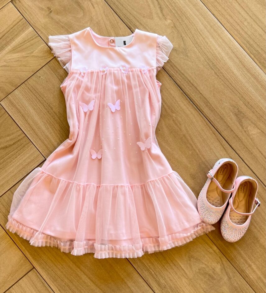 Vestido Infantil Feminino Cetim com Detalhe em Tule com Aplicação Fernanda Ramos Kids