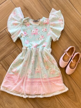 Vestido Infantil Feminino com Aplicação na Manga Estampa Floral Fernanda Ramos Kids