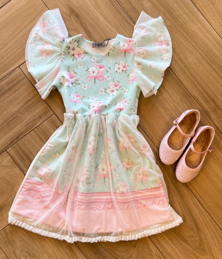 Vestido Infantil Feminino com Aplicação na Manga Estampa Floral Fernanda Ramos Kids