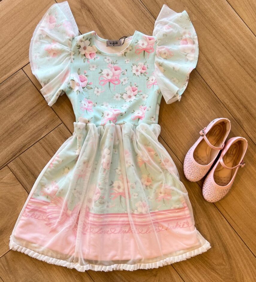 Vestido Infantil Feminino com Aplicação na Manga Estampa Floral Fernanda Ramos Kids
