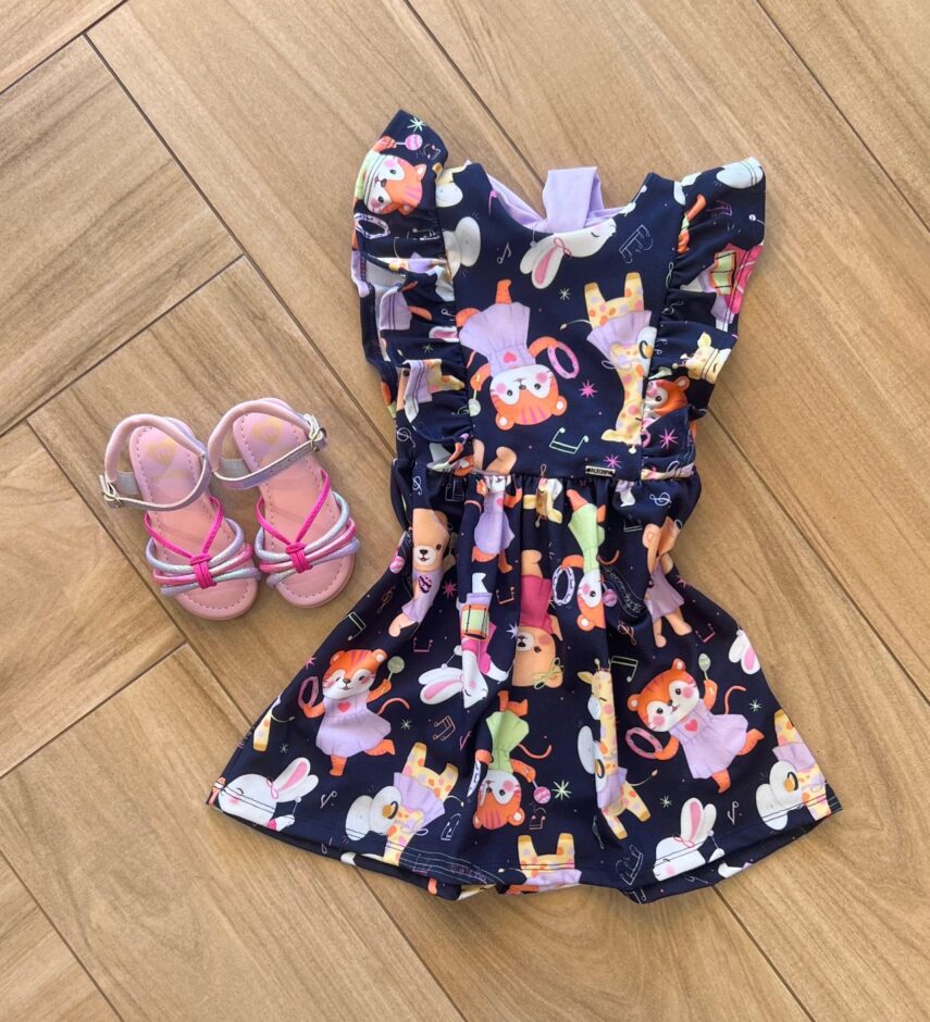 Vestido Infantil Feminino com Babado Mundo Animal Fernanda ramos kids