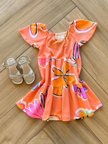 Vestido Infantil Feminino com Coral Com Flores Coloridas Fernanda ramos kids