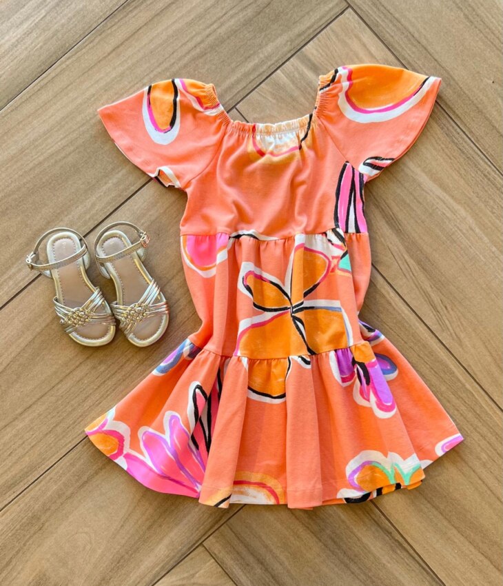 Vestido Infantil Feminino com Coral Com Flores Coloridas Fernanda ramos kids