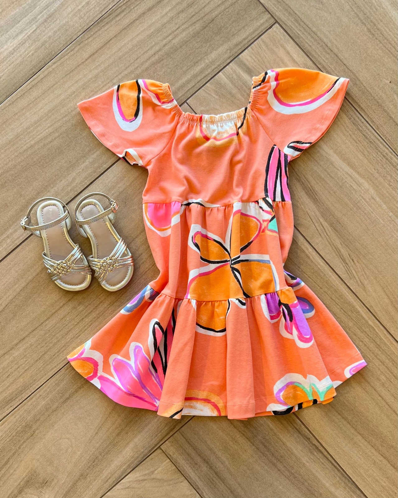 Vestido Infantil Feminino com Coral Com Flores Coloridas Fernanda ramos kids