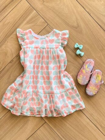Vestido Infantil Feminino Coração Verde e Rosa Fernanda Ramos Kids