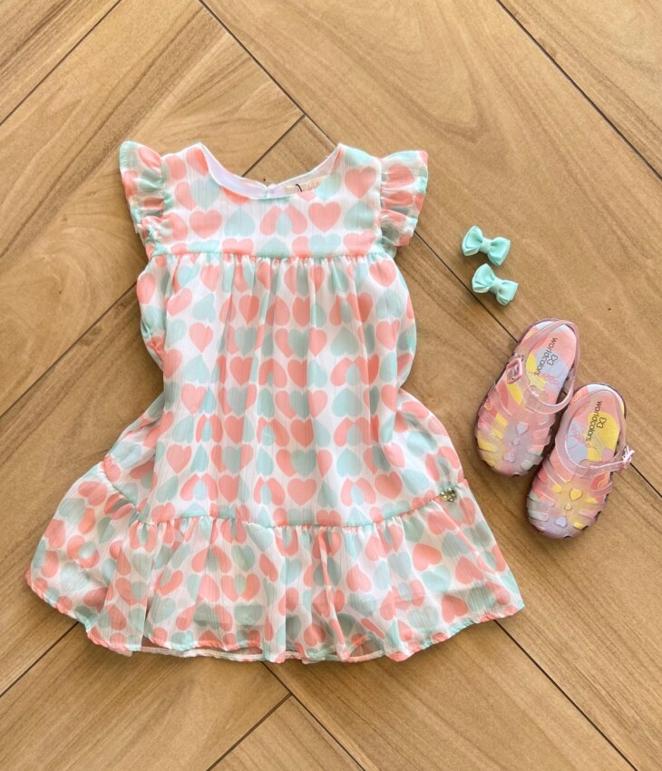 Vestido Infantil Feminino Coração Verde e Rosa Fernanda Ramos Kids