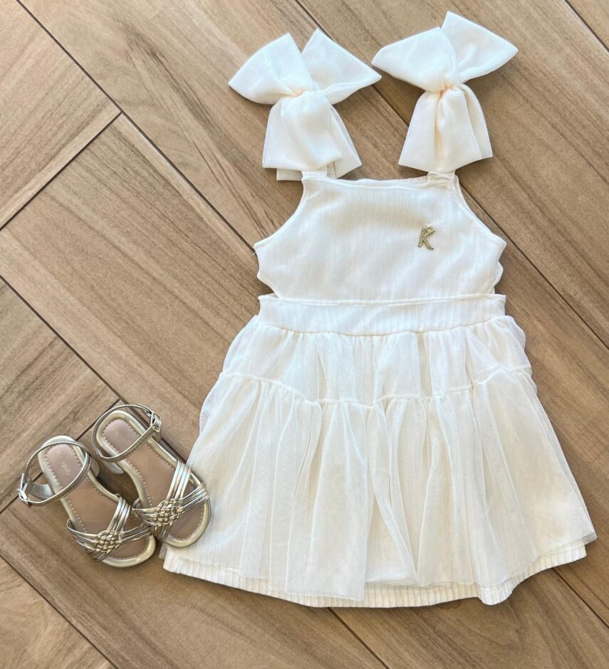Vestido Infantil Feminino Curto com Detalhe no Fio Dourado 1 Fernanda Ramos Kids