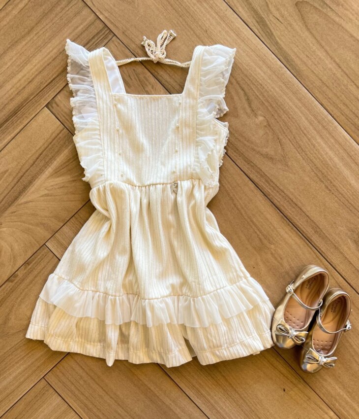 Vestido Infantil Feminino Curto com Fio Dourado e Perolas Fernanda ramos kids