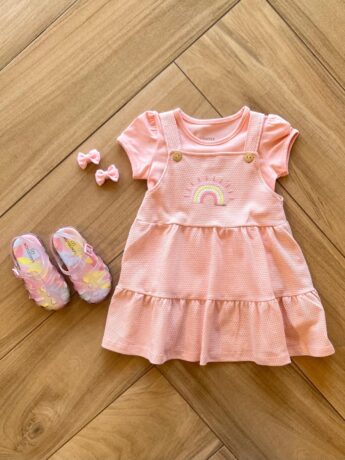 Vestido Infantil Feminino Curto com Sobreposição Rosa Arco Iris Fernanda Ramos Kids