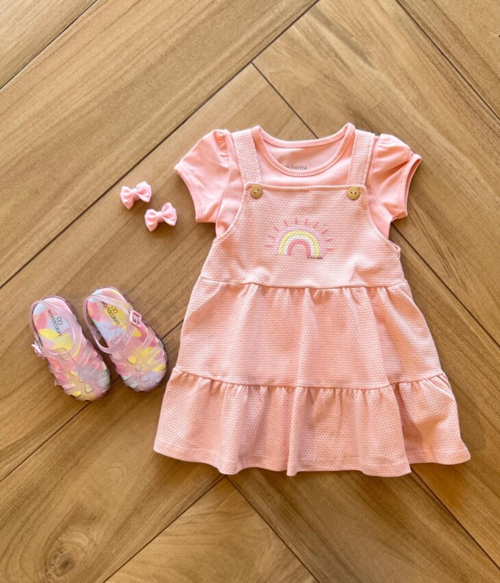 Vestido Infantil Feminino Curto com Sobreposição Rosa Arco Iris Fernanda Ramos Kids