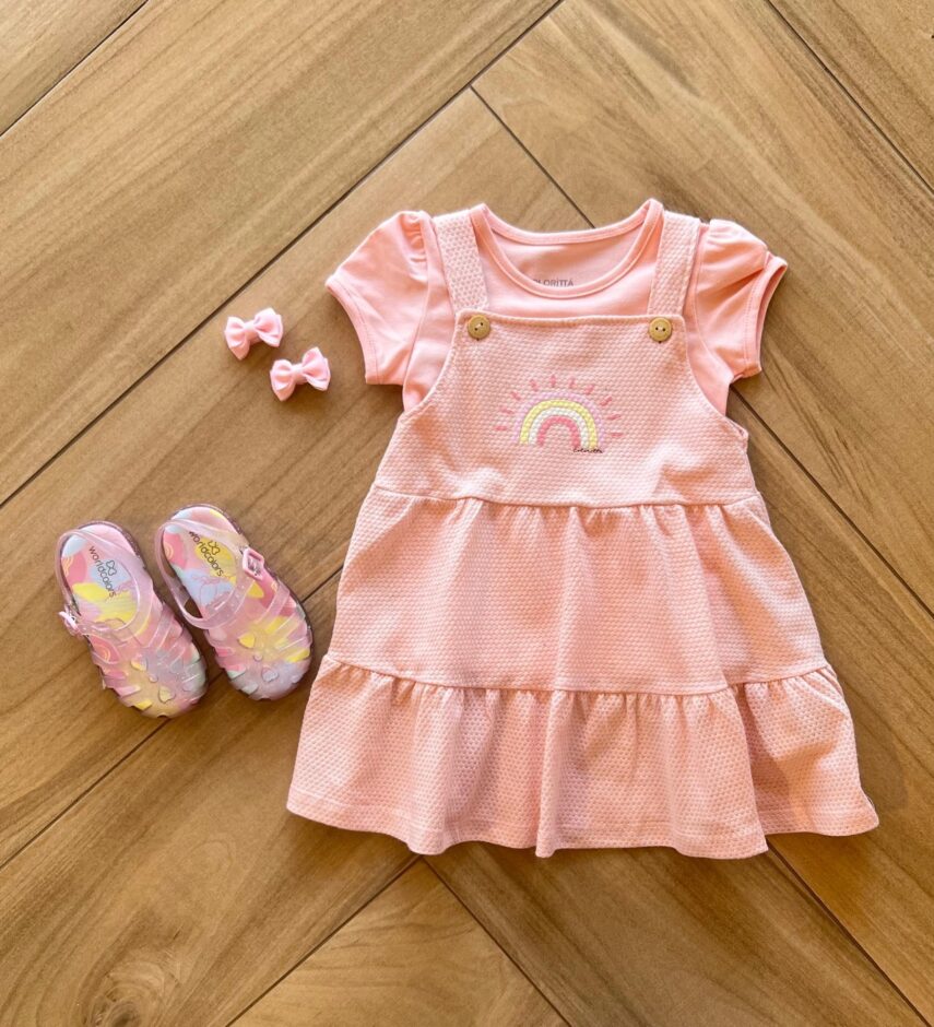 Vestido Infantil Feminino Curto com Sobreposição Rosa Arco Iris Fernanda Ramos Kids