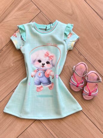Vestido Infantil Feminino Curto Detalhe Canelado na Gola e manga Dog Fernanda ramos kids