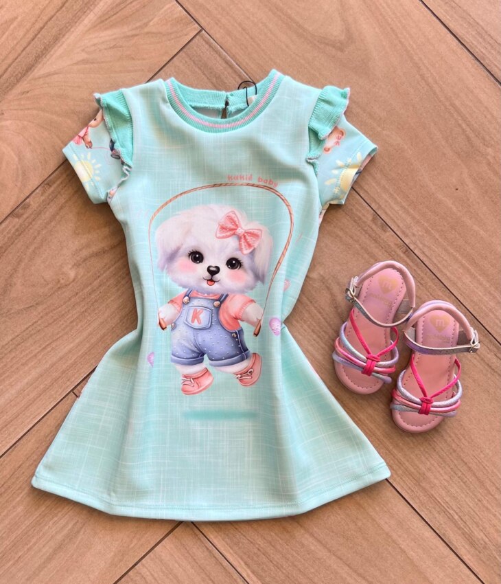Vestido Infantil Feminino Curto Detalhe Canelado na Gola e manga Dog Fernanda ramos kids