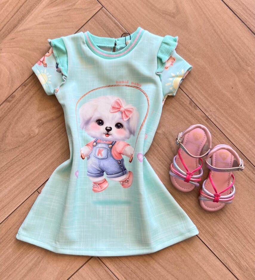 Vestido Infantil Feminino Curto Detalhe Canelado na Gola e manga Dog Fernanda ramos kids