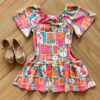 Vestido Infantil Feminino Curto em Cotton Estampa Tropical Fernanda Ramos Kids