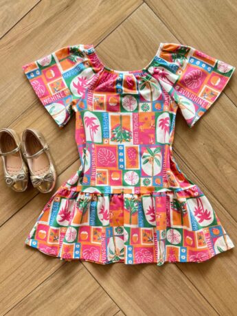 Vestido Infantil Feminino Curto em Cotton Estampa Tropical Fernanda Ramos Kids