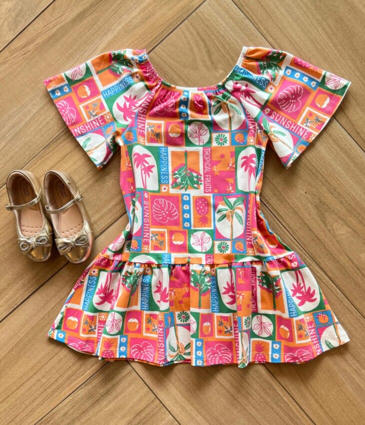 Vestido Infantil Feminino Curto em Cotton Estampa Tropical Fernanda Ramos Kids