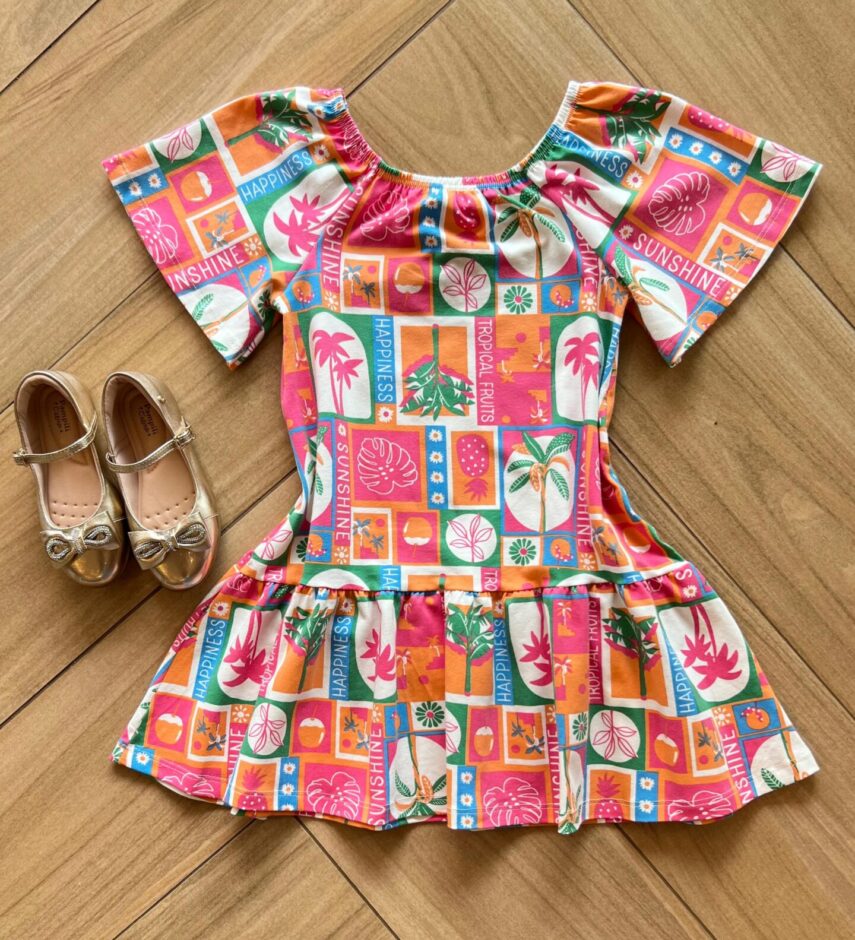 Vestido Infantil Feminino Curto em Cotton Estampa Tropical Fernanda Ramos Kids