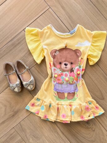 Vestido Infantil Feminino Curto em Malha Wave Amarelo Urso Florista Fernanda ramos kids