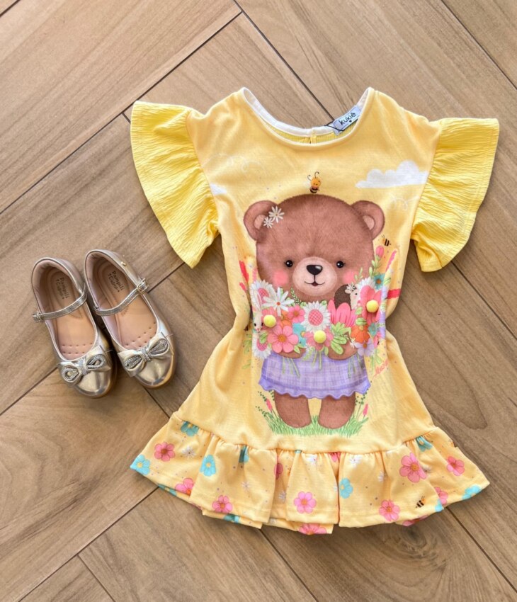 Vestido Infantil Feminino Curto em Malha Wave Amarelo Urso Florista Fernanda ramos kids
