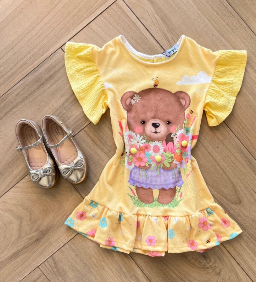 Vestido Infantil Feminino Curto em Malha Wave Amarelo Urso Florista Fernanda ramos kids
