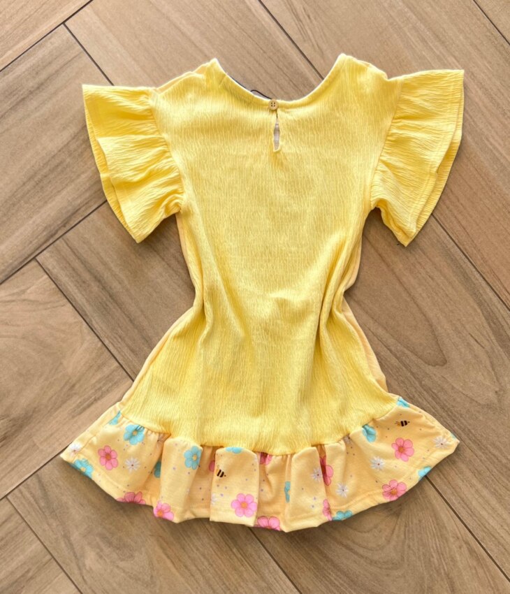 Fernanda ramos kids Vestido Infantil Feminino Curto em Malha Wave Amarelo Urso Florista 1