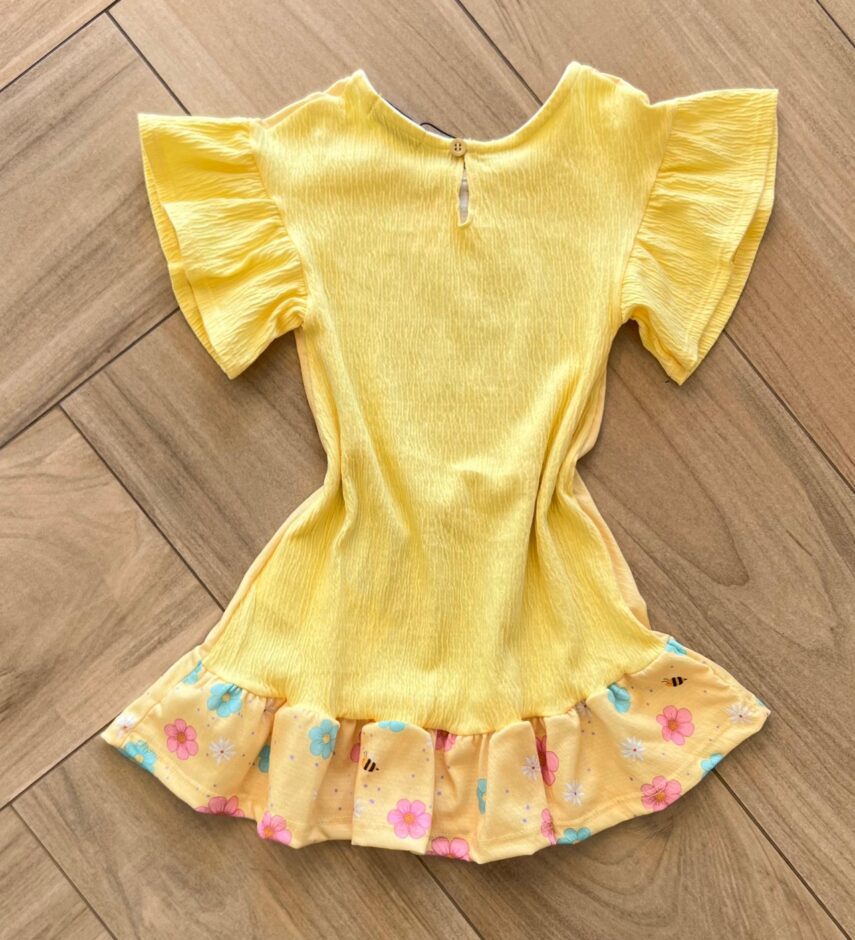Fernanda ramos kids Vestido Infantil Feminino Curto em Malha Wave Amarelo Urso Florista 1