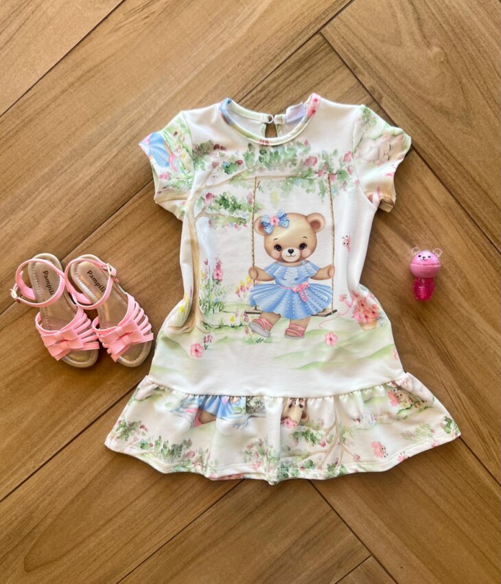 Vestido Infantil Feminino Curto em Molecotton Ursinho Fernanda ramos kids